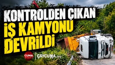 Virajlı kesimde kontrolden çıkan bir iş kamyonu devrildi.